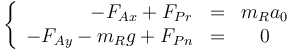 \left\{\begin{array}{rlc} -F_{Ax}+F_{Pr} & = & m_Ra_0 \\ -F_{Ay}-m_Rg+F_{Pn} & = & 0\end{array}\right.