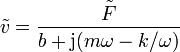 \tilde{v}=\frac{\tilde{F}}{b+\mathrm{j}(m\omega-k/\omega)}