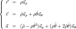 \left\{\begin{array}{rcl} \vec{r} & = & \rho\vec{u}_\rho \\ && \\ \vec{v} & = & \dot{\rho}\vec{u}_\rho + \rho\dot{\theta}\vec{u}_\theta\\ && \\ \vec{a} & = & (\ddot{\rho}-\rho\dot{\theta}^2)\vec{u}_\rho + (\rho\ddot{\theta}+2\dot{\rho}\dot{\theta})\vec{u}_\theta\end{array}\right.