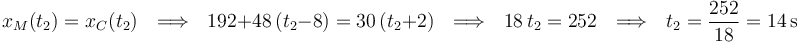 
x_M(t_2)=x_C(t_2) \,\,\,\,\Longrightarrow\,\,\,\, 192+48\,(t_2-8)=30\,(t_2+2) \,\,\,\,\Longrightarrow\,\,\,\, 18\,t_2=252 \,\,\,\,\Longrightarrow\,\,\,\, t_2=\frac{252}{18}=14\,\mathrm{s}
