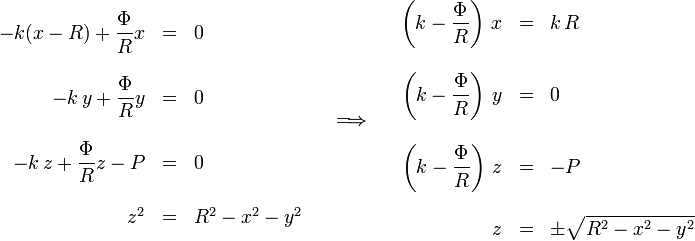 
  \begin{array}{rcl}
    -k(x-R)+\dfrac{\Phi}{R}x &=&0\\ &&\\
    -k\,y+\dfrac{\Phi}{R}y &=&0\\ &&\\
    -k\,z+\dfrac{\Phi}{R}z-P &=&0 \\ &&\\
    z^2 &=& R^2 - x^2 - y^2 
  \end{array}
  \quad\Longrightarrow\quad
  \begin{array}{rcl}
    \left(k-\dfrac{\Phi}{R}\right)\,x&=&k\,R\\ &&\\
    \left(k-\dfrac{\Phi}{R}\right)\,y&=&0\\ &&\\
    \left(k-\dfrac{\Phi}{R}\right)\,z&=&-P\\ &&\\
    z &=&\pm\sqrt{ R^2 - x^2 - y^2 }
  \end{array}
