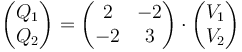 \begin{pmatrix}Q_1 \\ Q_2\end{pmatrix}=\begin{pmatrix} 2 & -2 \\ -2 & 3 \end{pmatrix}\cdot\begin{pmatrix}V_1 \\ V_2\end{pmatrix}