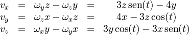 \begin{matrix}
v_x & = & \omega_y z - \omega_z y & = &3z\,\mathrm{sen}(t)-4y\\
v_y & = & \omega_z x - \omega_x z & = &4x - 3z\cos(t)\\
v_z & = & \omega_x y - \omega_y x & = &3y\cos(t)-3x\,\mathrm{sen}(t)
\end{matrix}