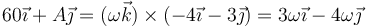 60\vec{\imath}+A\vec{\jmath} = (\omega\vec{k})\times(-4\vec{\imath}-3\vec{\jmath})=3\omega\vec{\imath}-4\omega\vec{\jmath}