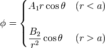 \phi =\begin{cases}A_1r\cos\theta &(r<a) \\ & \\\displaystyle\frac{B_2}{r^2}\cos\theta &(r>a)\end{cases}