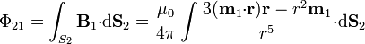 \Phi_{21}=\int_{S_2}\mathbf{B}_1{\cdot}\mathrm{d}\mathbf{S}_2=\frac{\mu_0}{4\pi}
\int\frac{3(\mathbf{m}_1{\cdot}\mathbf{r})\mathbf{r}-r^2\mathbf{m}_1}{r^5}{\cdot}\mathrm{d}\mathbf{S}_2
