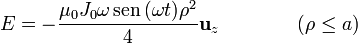 E=-\frac{\mu_0J_0\omega\,\mathrm{sen}\,(\omega t)\rho^2}{4}\mathbf{u}_z\qquad\qquad(\rho\leq a)