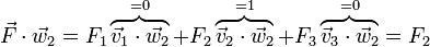 \vec{F}\cdot\vec{w}_2=F_1\overbrace{\vec{v}_1\cdot\vec{w}_2}^{=0}+F_2\overbrace{\vec{v}_2\cdot\vec{w}_2}^{=1}+F_3\overbrace{\vec{v}_3\cdot\vec{w}_2}^{=0}=F_2