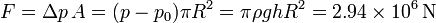 F = \Delta p\,A = (p-p_0)\pi R^2 = \pi \rho g h R^2 = 2.94\times 10^6 \,\mathrm{N}