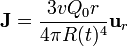 \mathbf{J} = \frac{3vQ_0 r}{4\pi R(t)^4}\mathbf{u}_{r}