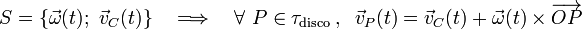 S=\{\vec{\omega}(t);\ \vec{v}_C(t)\}\quad\Longrightarrow \quad \forall\ P\in\tau_{\mathrm{disco}}\,\mathrm{,}\,\;\; \vec{v}_P(t)=\vec{v}_C(t)+\vec{\omega}(t)\times\overrightarrow{OP}