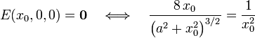 E(x_0,0,0)=\mathbf{0}\quad\Longleftrightarrow\quad\frac{8\!\ x_0}{\big(a^2+x_0^2\big)^{3/2}}=\frac{1}{x_0^2}