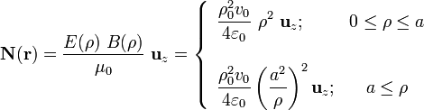 \mathbf{N(r)}=\frac{E(\rho)\ B(\rho)}{\mu_0}\ \mathbf{u}_z=\left\{ \begin{array}{lc}\displaystyle \frac{\rho_0^2v_0}{4\varepsilon_0}
\ \rho^2 \ \mathbf{u}_z;&0\leq\rho\leq a 
\\ \\ \displaystyle \frac{\rho_0^2v_0}{4\varepsilon_0}\left(\frac{a^2}{\rho}\right)^2 \mathbf{u}_z
;&  a\leq\rho\end{array}\right.