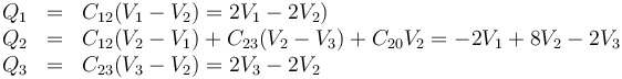 \begin{array}{rcl}
Q_1 & = & C_{12}(V_1-V_2) = 2V_1-2V_2) \\
Q_2 & = & C_{12}(V_2-V_1) +C_{23}(V_2-V_3)+C_{20}V_2= -2V_1+8V_2-2V_3 \\
Q_3 & = & C_{23}(V_3-V_2) = 2V_3-2V_2
\end{array}