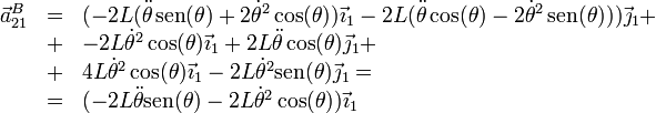 \begin{array}{rcl}
\vec{a}^B_{21} & = & (-2L(\ddot{\theta}\,\mathrm{sen}(\theta)+2\dot{\theta}^2\cos(\theta))\vec{\imath}_1-2L(\ddot{\theta}\cos(\theta)-2\dot{\theta}^2\,\mathrm{sen}(\theta)))\vec{\jmath}_1+ \\
& + & -2L\dot{\theta}^2\cos(\theta)\vec{\imath}_1+2L\ddot{\theta}\cos(\theta)\vec{\jmath}_1+\\
& + & 4L\dot{\theta}^2\cos(\theta)\vec{\imath}_1-2L\dot{\theta}^2\mathrm{sen}(\theta)\vec{\jmath}_1 = \\
& = & (-2L\ddot{\theta}\mathrm{sen}(\theta)-2L\dot{\theta}^2\cos(\theta))\vec{\imath}_1\end{array}