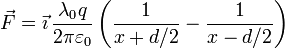 
\vec{F} = \vec{\imath}\,\dfrac{\lambda_0q}{2\pi\varepsilon_0}
\left(\dfrac{1}{x+d/2} - \dfrac{1}{x-d/2}\right)
