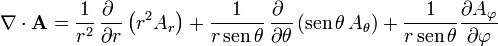 \nabla\cdot\mathbf{A}=\frac{1}{r^2}\,\frac{\partial\ }{\partial r}\left(r^2 A_r\right)+\frac{1}{r\,\mathrm{sen}\,\theta}\,\frac{\partial\ }{\partial \theta}\left(\mathrm{sen}\,\theta\,A_\theta\right)+\frac{1}{r\,\mathrm{sen}\,\theta}\frac{\partial A_\varphi}{\partial \varphi}