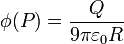 \phi(P) = \frac{Q}{9\pi\varepsilon_0 R}