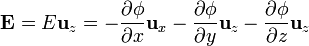 \mathbf{E} = E\mathbf{u}_{z} = -\frac{\partial \phi}{\partial x}\mathbf{u}_{x} - \frac{\partial \phi}{\partial y}\mathbf{u}_{z} - \frac{\partial \phi}{\partial z}\mathbf{u}_{z}