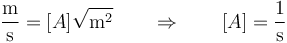 \frac{\mathrm{m}}{\mathrm{s}}=[A]\sqrt{\mathrm{m}^2}\qquad\Rightarrow\qquad [A]=\frac{1}{\mathrm{s}}