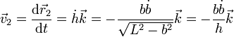 \vec{v}_2 = \frac{\mathrm{d}\vec{r}_2}{\mathrm{d}t}=\dot{h}\vec{k}=-\frac{b\dot{b}}{\sqrt{L^2-b^2}}\vec{k}=-\frac{b\dot{b}}{h}\vec{k}