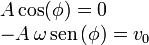 
\begin{array}{l}
A\cos(\phi) = 0\\
-A\,\omega\,\mathrm{sen}\,(\phi) = v_0
\end{array}
