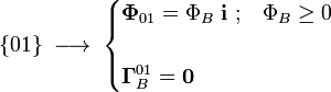 \{01\}\;\longrightarrow\;\begin{cases}\displaystyle \mathbf{\Phi}_{01}=\Phi_B\ \mathbf{i}\ \mathrm{;}\quad \Phi_B\ge 0\\ \\
\displaystyle \mathbf{\Gamma}_B^{01}=\mathbf{0}\end{cases}