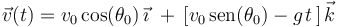 
\vec{v}(t)=v_0\,\mathrm{cos}(\theta_0)\,\vec{\imath}\,\,+\,\left[v_0\,\mathrm{sen}(\theta_0)-g\;\!t\,\right]\vec{k}
