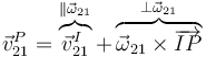 \vec{v}^P_{21}=\overbrace{\vec{v}_{21}^I}^{\parallel \vec{\omega}_{21}}+\overbrace{\vec{\omega}_{21}\times\overrightarrow{IP}}^{\perp\vec{\omega}_{21}}