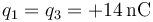 q_1=q_3=+14\,\mathrm{nC}