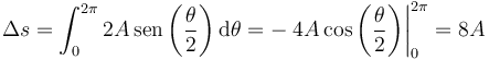 \Delta s=\int_0^{2\pi}2A\,\mathrm{sen}\left(\frac{\theta}{2}\right)\mathrm{d}\theta = -\left.4A\cos\left(\frac{\theta}{2}\right)\right|_0^{2\pi} =8A