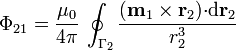 \Phi_{21}=\frac{\mu_0}{4\pi}\,\oint_{\Gamma_2}\frac{(\mathbf{m}_1\times\mathbf{r}_2){\cdot}\mathrm{d}\mathbf{r}_2}{r_2^3}