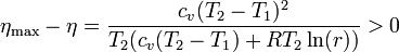 \eta_\mathrm{max}-\eta = \frac{c_v(T_2-T_1)^2}{T_2(c_v(T_2-T_1)+RT_2\ln(r))}>0