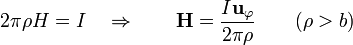 2\pi\rho H = I \quad\Rightarrow\qquad \mathbf{H} = \frac{I\mathbf{u}_{\varphi}}{2\pi\rho}\qquad (\rho>b)
