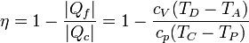 \eta = 1 - \frac{|Q_f|}{|Q_c|} = 1 - \frac{c_V(T_D-T_A)}{c_p(T_C-T_P)}