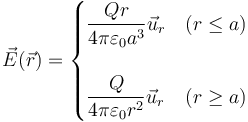 \vec{E}(\vec{r})=\begin{cases}\dfrac{Qr}{4\pi\varepsilon_0 a^3}\vec{u}_r & (r\leq a) \\ & \\ \dfrac{Q}{4\pi\varepsilon_0 r^2}\vec{u}_r & (r\geq a)\end{cases}