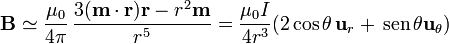 \mathbf{B}\simeq \frac{\mu_0}{4\pi}\,\frac{3(\mathbf{m}\cdot\mathbf{r})\mathbf{r}-r^2\mathbf{m}}{r^5}=\frac{\mu_0I}{4 r^3}(2\cos\theta\,\mathbf{u}_r+\,\mathrm{sen}\,\theta\mathbf{u}_\theta)