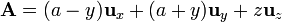 \mathbf{A} = (a-y)\mathbf{u}_{x}+(a+y)\mathbf{u}_{y}+z\mathbf{u}_{z}