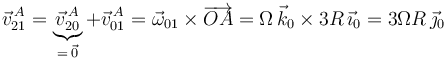 \vec{v}^{\, A}_{21}=\underbrace{\vec{v}^{\, A}_{20}}_{=\,\vec{0}}+\vec{v}^{\, A}_{01}=\vec{\omega}_{01}\times\overrightarrow{OA}=\Omega\,\vec{k}_0\times 3R\,\vec{\imath}_0=3\Omega R\,\vec{\jmath}_0