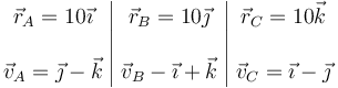 \begin{array}{c|c|c}
\vec{r}_A=10\vec{\imath}&\vec{r}_B=10\vec{\jmath}&\vec{r}_C=10\vec{k} \\ && \\
\vec{v}_A=\vec{\jmath}-\vec{k}& \vec{v}_B-\vec{\imath}+\vec{k} & \vec{v}_C=\vec{\imath}-\vec{\jmath}
\end{array}