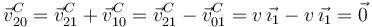 
\vec{v}^C_{20} = \vec{v}^C_{21} + \vec{v}^C_{10} = \vec{v}^C_{21} - \vec{v}^C_{01} = v\,\vec{\imath_1}-v\,\vec{\imath_1}=\vec{0}
