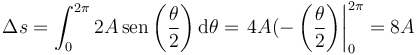 \Delta s=\int_0^{2\pi}2A\,\mathrm{sen}\left(\frac{\theta}{2}\right)\mathrm{d}\theta = \left.4A(-\left(\frac{\theta}{2}\right)\right|_0^{2\pi} =8A
