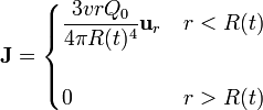 \mathbf{J} =\begin{cases}\displaystyle\frac{3v r Q_0}{4\pi R(t)^4}\mathbf{u}_{r} & r<R(t)\\
  & \\  0 & r>R(t)\end{cases}