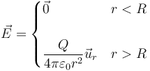 \vec{E}=\begin{cases}\vec{0} & r < R \\ & \\ \dfrac{Q}{4\pi\varepsilon_0 r^2}\vec{u}_r & r >R \end{cases}