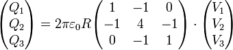 \begin{pmatrix}Q_1 \\ Q_2 \\ Q_3\end{pmatrix} = 2\pi\varepsilon_0R\begin{pmatrix}1 & -1 & 0 \\ -1 & 4 & -1 \\ 0 & -1 & 1\end{pmatrix}\cdot\begin{pmatrix}V_1 \\ V_2 \\ V_3\end{pmatrix}