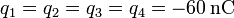 q_1=q_2=q_3=q_4=-60\,\mathrm{nC}