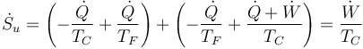 \dot{S}_u=\left(-\frac{\dot{Q}}{T_C}+\frac{\dot{Q}}{T_F}\right)+\left(-\frac{\dot{Q}}{T_F}+\frac{\dot{Q}+\dot{W}}{T_C}\right)=\frac{\dot{W}}{T_C}