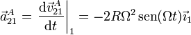 \vec{a}^A_{21}=\left.\frac{\mathrm{d}\vec{v}^A_{21}}{\mathrm{d}t}\right|_1 = -2R \Omega^2\,\mathrm{sen}(\Omega t)\vec{\imath}_1