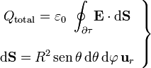 \left.\begin{array}{c}\displaystyle Q_\mathrm{total}=\varepsilon_0\ \oint_{\partial\tau}\!\mathbf{E}\cdot
\mathrm{d}\mathbf{S}\\ \\ \displaystyle \mathrm{d}\mathbf{S}=R^2\,\mathrm{sen}\,\theta\,\mathrm{d}\theta\,\mathrm{d}\varphi\,\mathbf{u}_{r}\end{array}\right\}