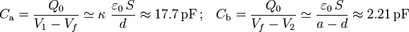 C_\mathrm{a}=\frac{Q_0}{V_1-V_f}\simeq\kappa\ \frac{\varepsilon_0\!\ S}{d}\approx 17.7\,\mathrm{pF}\,\mathrm{;}\quad C_\mathrm{b}=\frac{Q_0}{V_f-V_2}\simeq \frac{\varepsilon_0\!\ S}{a-d}\approx 2.21\,\mathrm{pF}